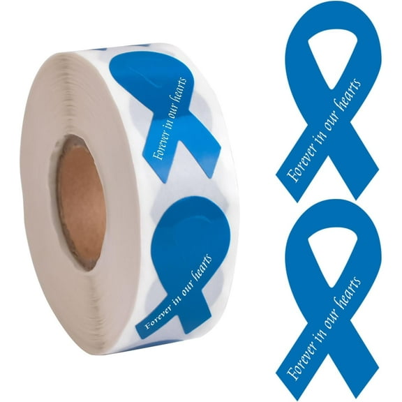 Blue Ribbon Awareness Sticker, 500 PCS Ribbon-Shaped Stickers in Forever in Our Hearts for Colon Cancer Prostate Cancer Awareness