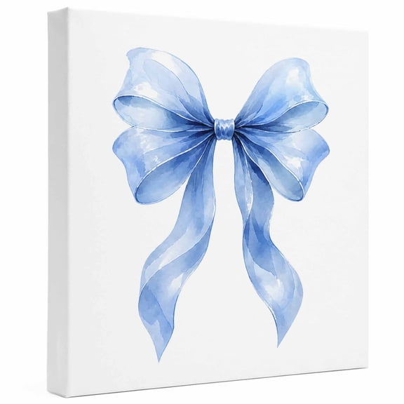 Blue Ribbon Bow Canvas Wall Art for Living Room, Vintage Watercolor Coquette Bow White Background Poster Print Painting for Nightstand Bathroom Collage Decoration Wall Pictures Prepare To Hang 8"x8"