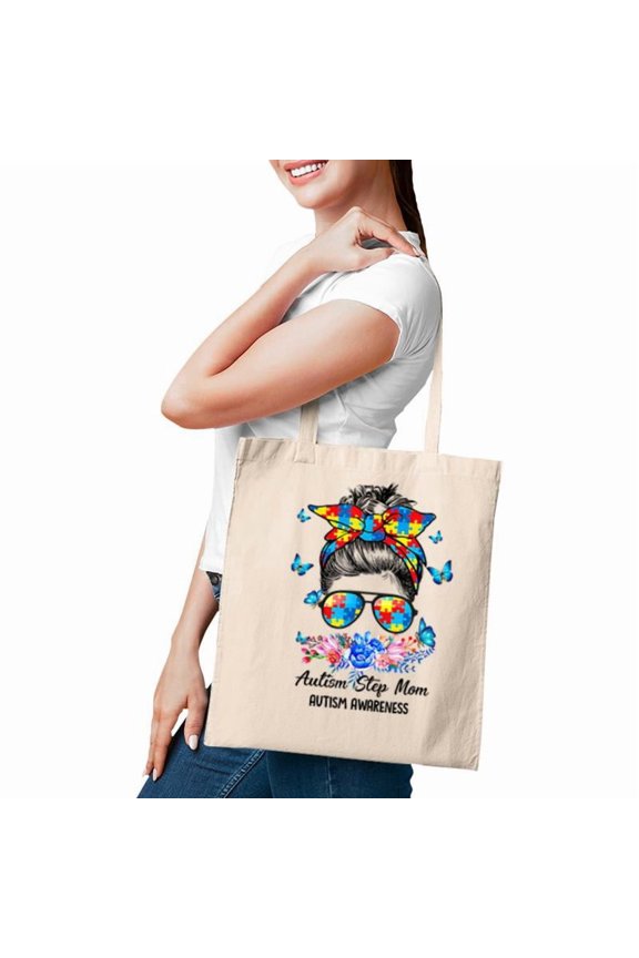 Blue Ribbon Butterfly Step Mom Messy Bun Autism Awareness Tote Bag