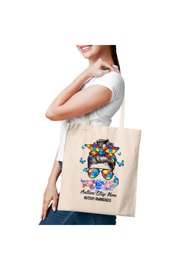 Blue Ribbon Butterfly Step Mom Messy Bun Autism Awareness Tote Bags
