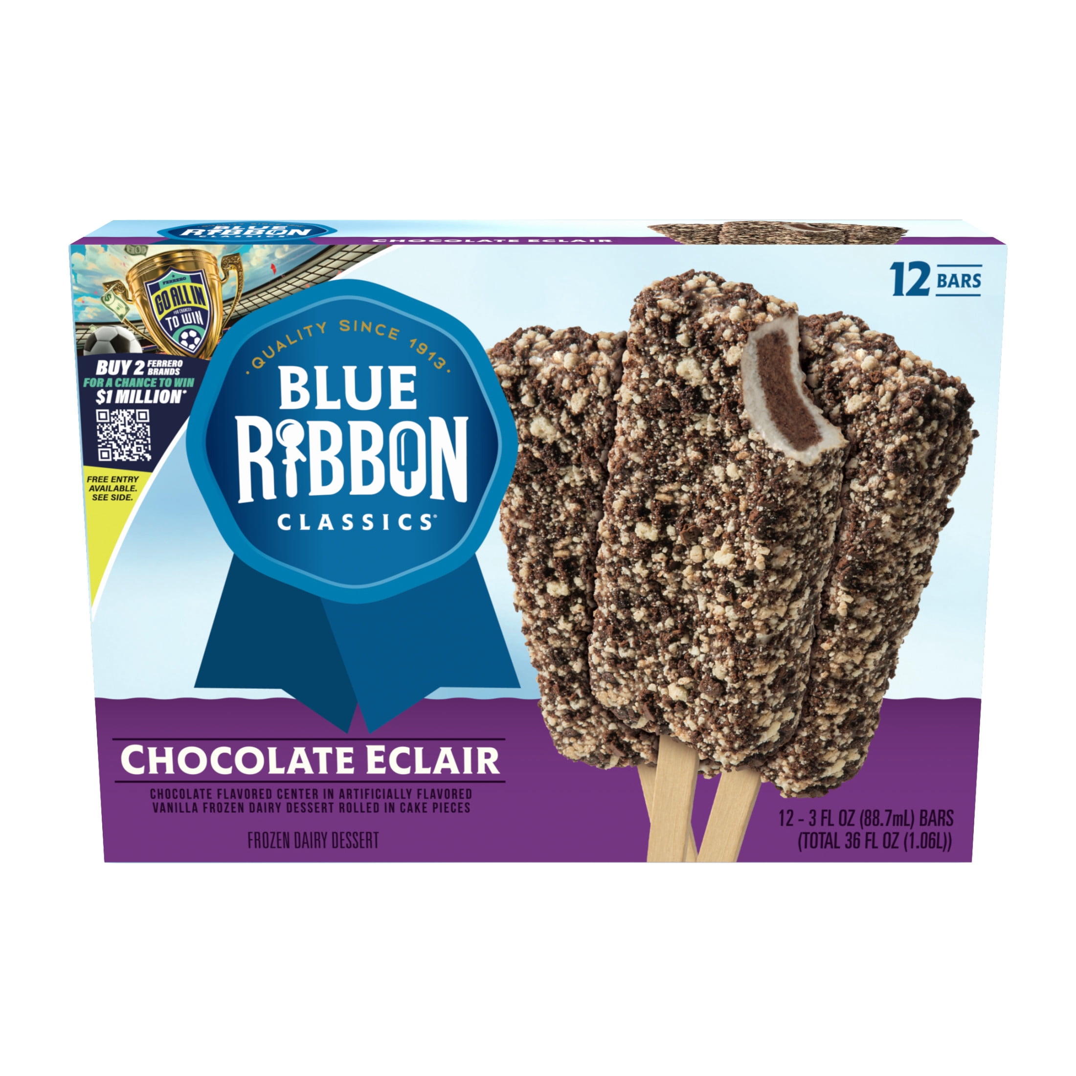 Blue Ribbon Classics Chocolate Éclair Coated In Cake Pieces Frozen Dessert Treat Bar, 36 fl oz, 12 Pack