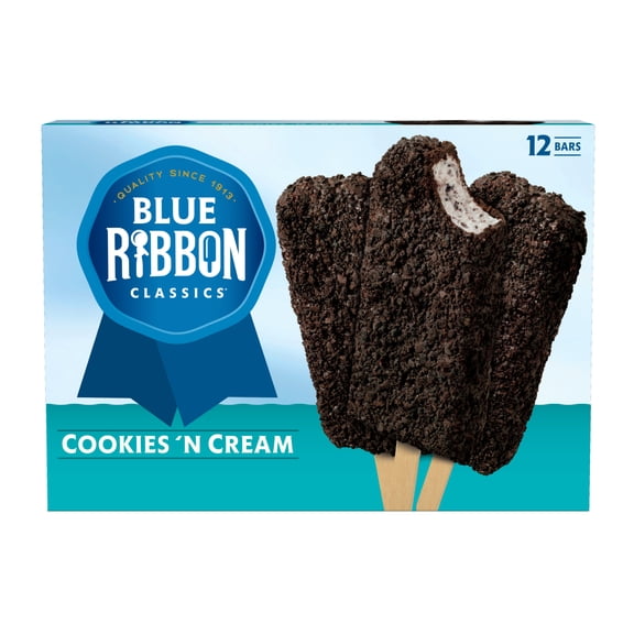 Blue Ribbon Classics Cookies and Cream Coated with Cookie Pieces Frozen Dessert Treat Bar, 36 fl oz, 12 Pack