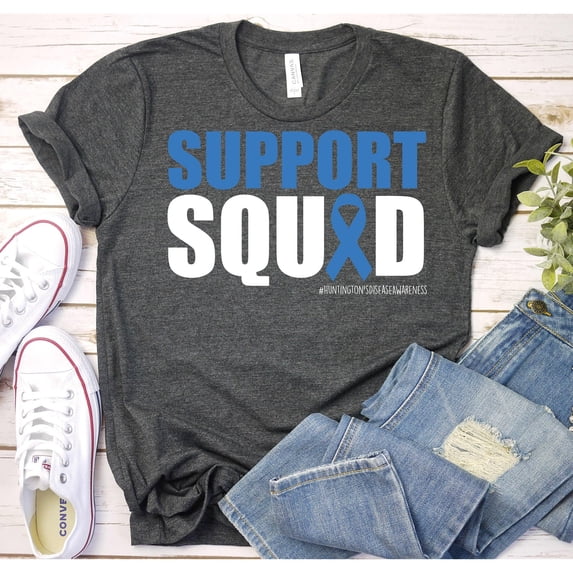 Blue Ribbon Huntington's Disease Support Squad Graphic T-Shirt, Unisex Classic Fit, Cotton-Rich, 180 GSM
