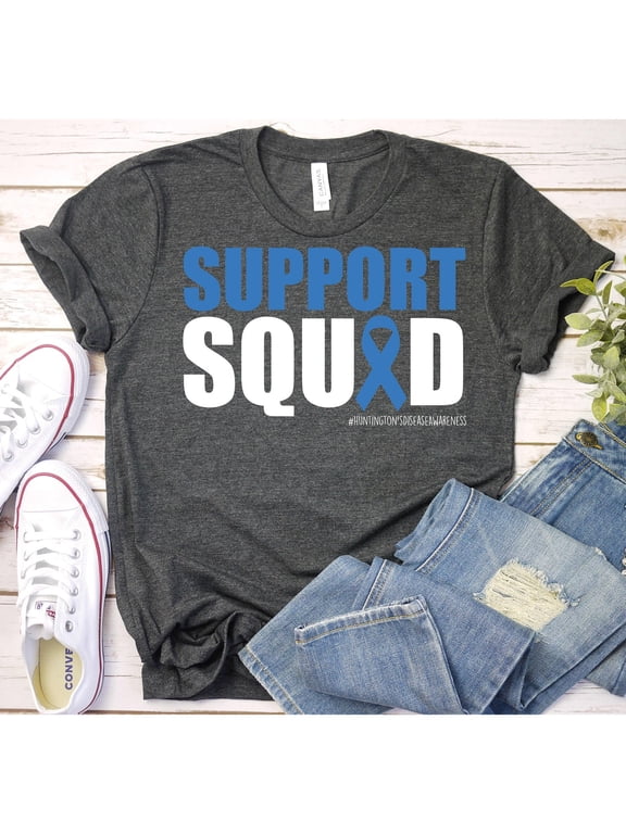 Blue Ribbon Huntington's Disease Support Squad Graphic T-Shirt, Unisex Classic Fit, Cotton-Rich, 180 GSM