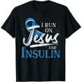 thumbnail image 1 of Blue Ribbon I Run On Jesus And Insulin Diabetes Awareness T-ShirtMen's and women's gift, black and white T-shirt, size: Extra large S-4XL, 1 of 4