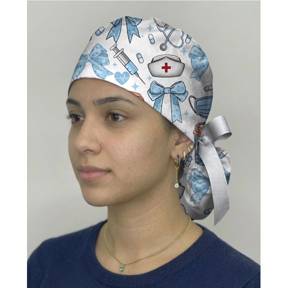 Blue Ribbon Scrub Cap Medical Pattern Cute Nurse Surgical Hat, Healthcare Cap, Doctor CNA Gift, Bow Design Scrub Hat