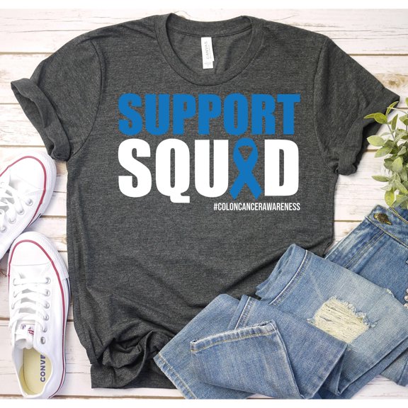 Blue Ribbon Support Squad Colon Cancer Awareness Graphic T-Shirt, Unisex Classic Fit, 180 GSM Cotton/Cotton-Blend