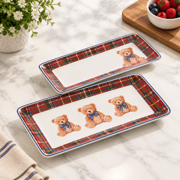 Blue Ribbon Teddy Bear Ceramic Rectangular Serving Platter Set, 2-Piece, Microwave & Dishwasher Safe