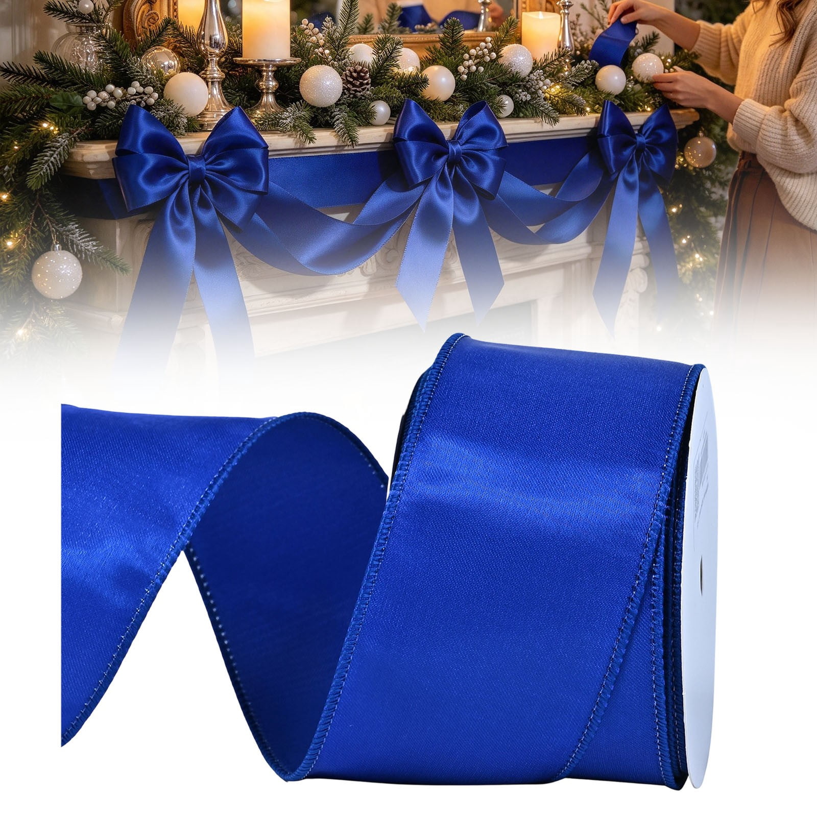 Blue Ribbon, Wired Edge Satin Ribbon Roll, Christmas Ribbon, Wired ...