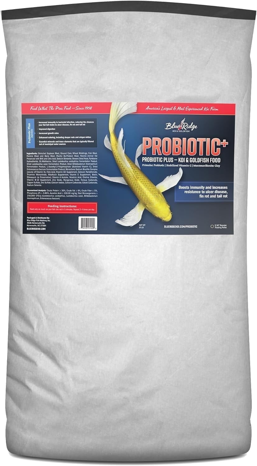 Blue Ridge Koi Fish Food 25lb - Koi Food 3/16 Probiotic Plus, Goldfish Food, Premium Fish Food for Ponds, Ponds Fish Food, Koi Food Fall and Winter Fish Food, Floating Pond Pellets