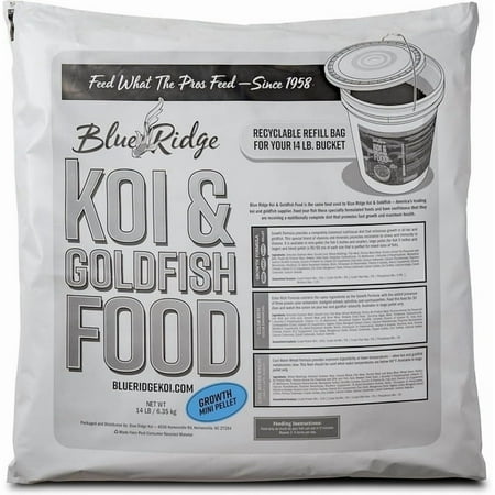 Blue Ridge Koi Fish Food 14lb Bucket Refill - Koi Food Mini Growth Formula, Goldfish Food, Ponds Fish Food, Floating Pellets