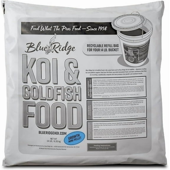 Blue Ridge Koi Fish Food 14lb Bucket Refill - Koi Food Mini Growth Formula, Goldfish Food, Ponds Fish Food, Floating Pellets