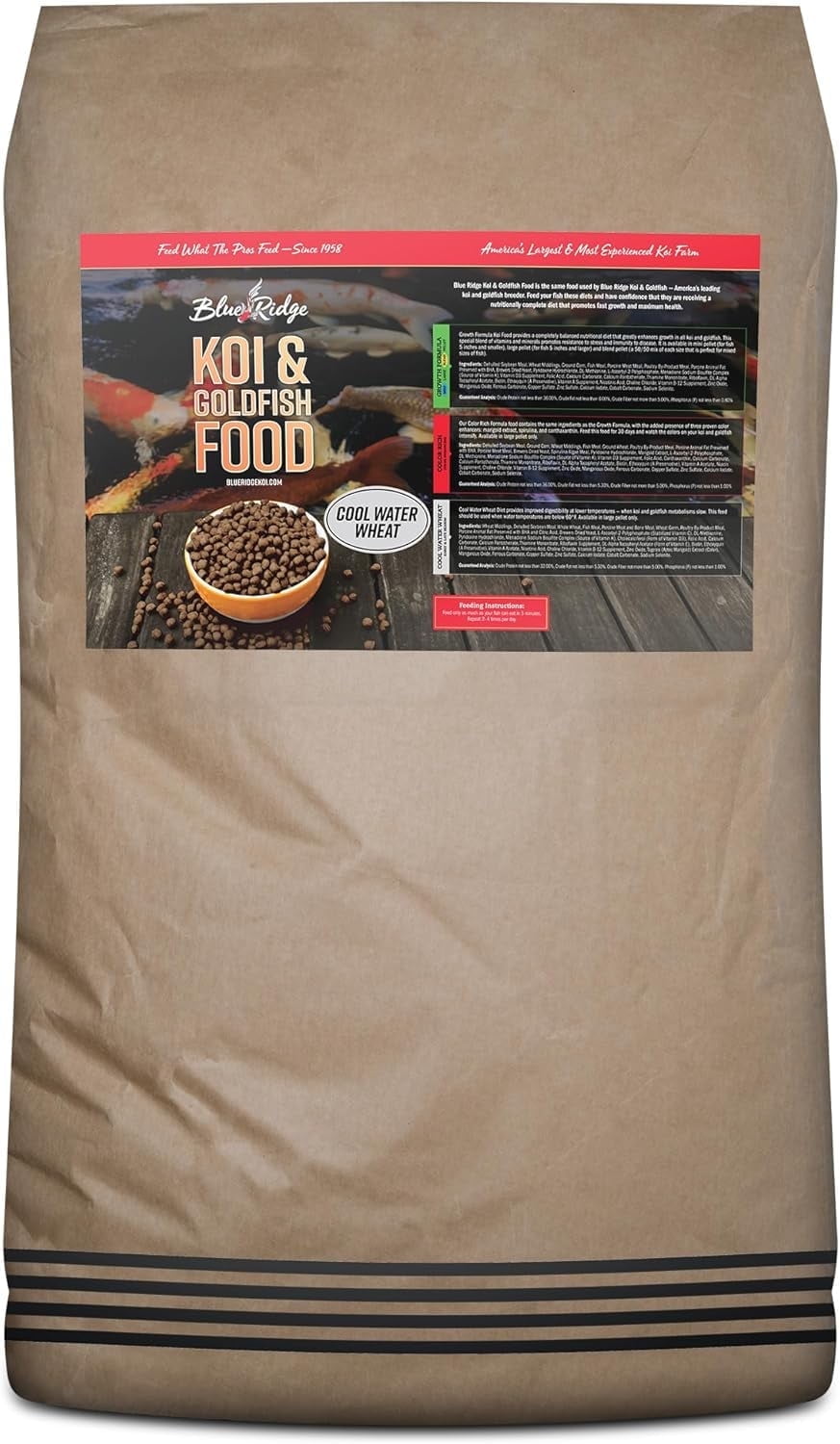 Blue Ridge Koi Fish Food 50lb - Koi Food 3/16” Cool Water Wheat, Goldfish Food, Premium Fish Food for Ponds, Ponds Fish Food, Koi Food Fall and Winter Fish Food, Floating Pond Pellets