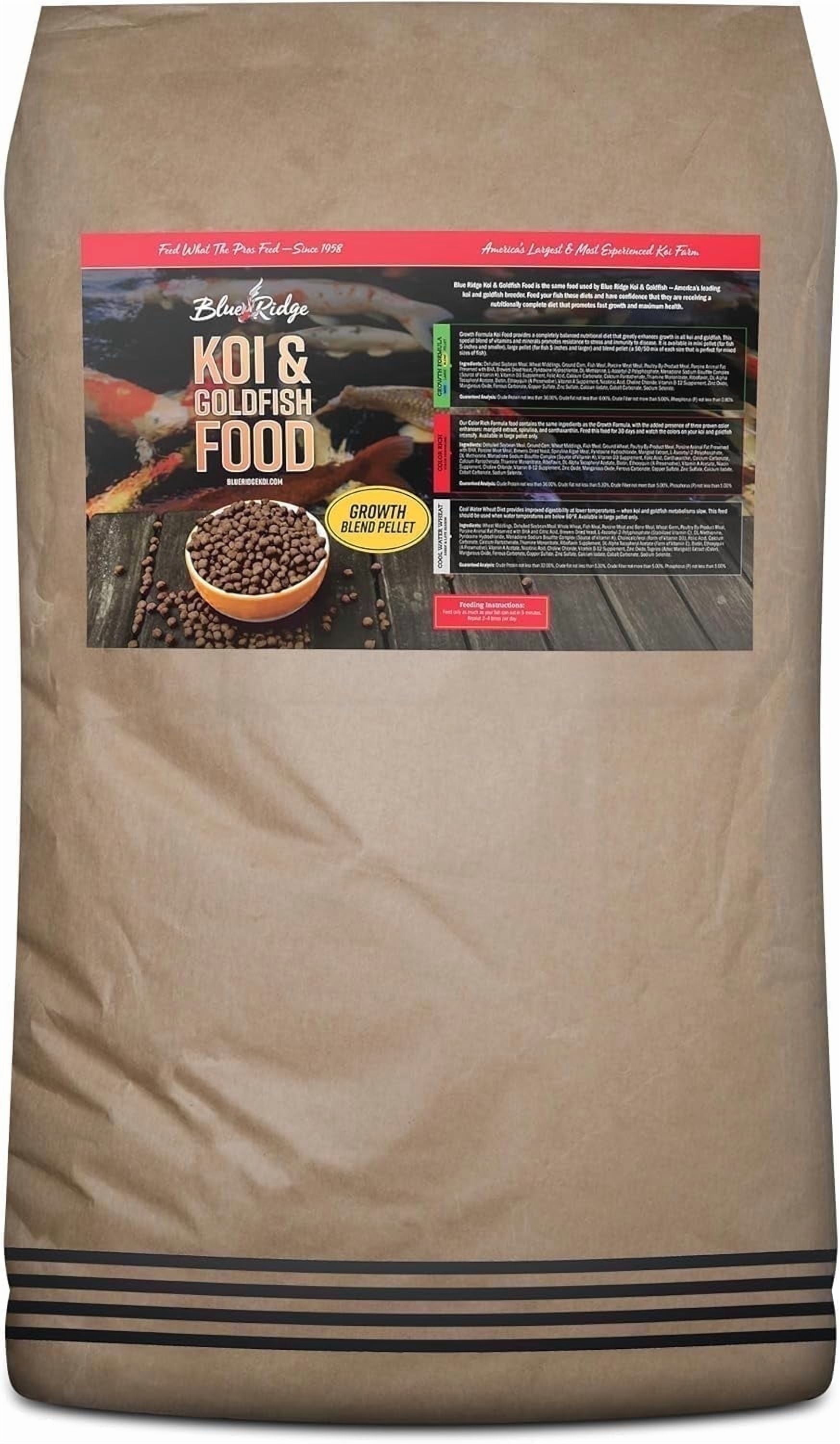 Blue Ridge Koi Fish Food 50lb - Koi Food 3/16 Large and Mini Blend Growth Formula, Goldfish Food, Premium Fish Food for Ponds, Ponds Fish Food, Floating Pond Pellets