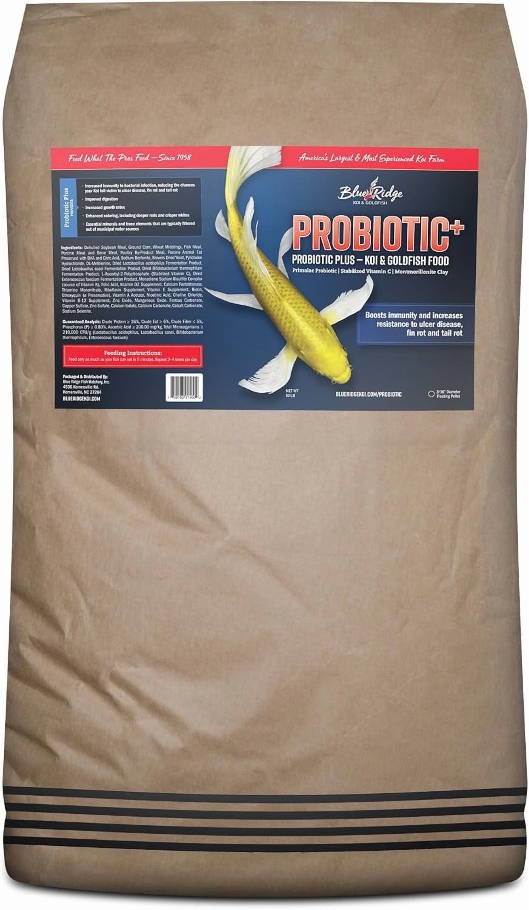 Blue Ridge Koi Fish Food 50lb - Koi Food 3/16 Probiotic Plus, Goldfish Food, Premium Fish Food for Ponds, Ponds Fish Food, Koi Food Fall and Winter Fish Food, Floating Pond Pellets