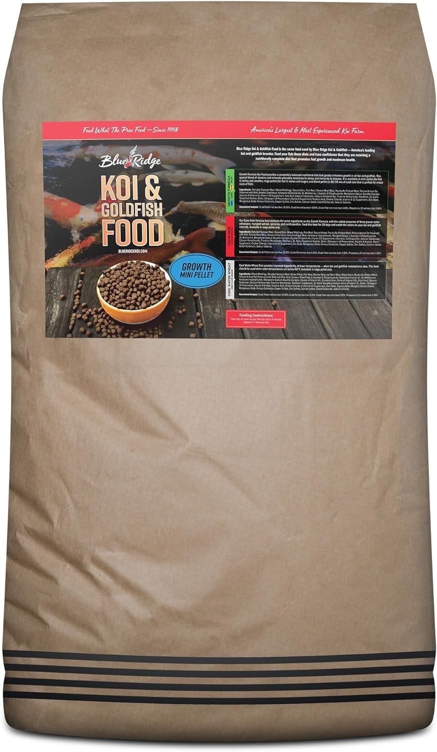 Blue Ridge Koi Fish Food 50lb - Koi Food Mini Growth Formula Goldfish Food, Premium Fish Food for Ponds, Ponds Fish Food, Koi Food Fall and Winter Fish Food, Floating Pond Pellets Fish Food