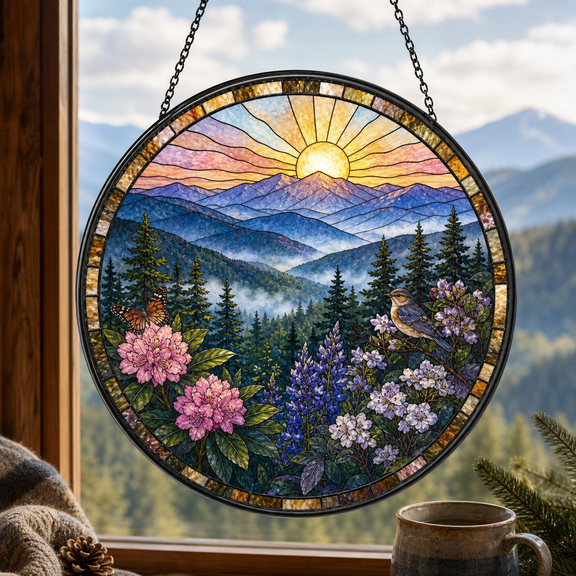 Blue Ridge Mountain Stained Glass Window Hanging Suncatcher Sunrise Scene