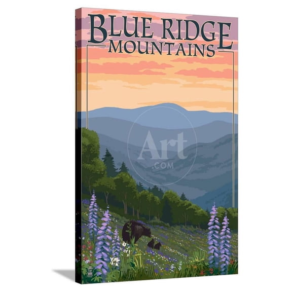 Blue Ridge Mountains Bear Family and Spring Flowers, Stretched Canvas Wall Art by Lantern Press Sold by Art.Com