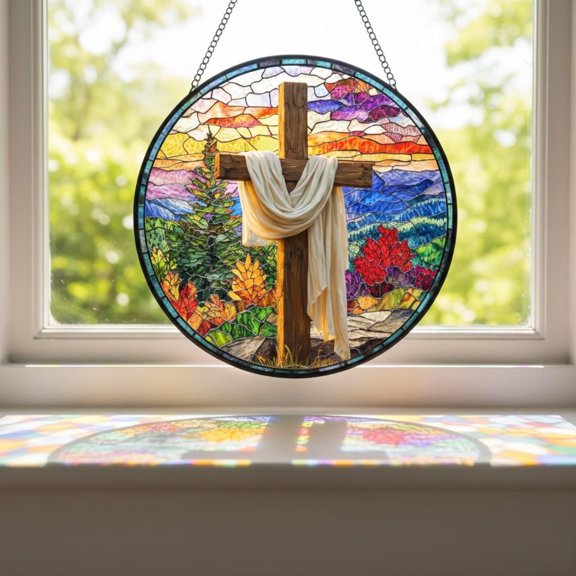 Blue Ridge Mountains Cross Glass Suncatcher, Religious Nature Window Art, Faith, 3.5 in