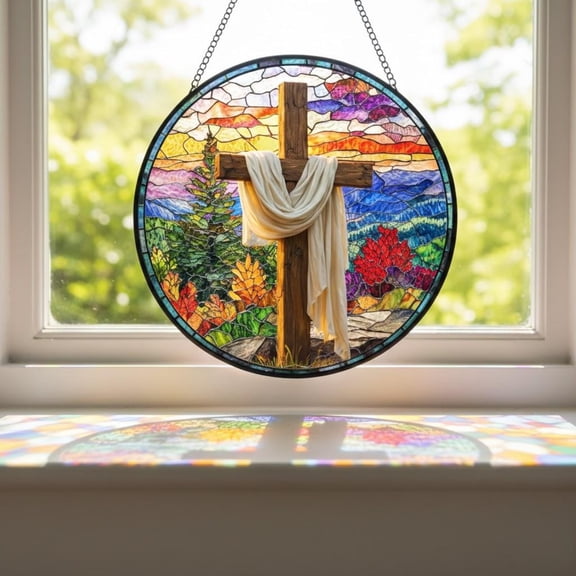 Blue Ridge Mountains Cross Glass Suncatcher, Religious Nature Window Art, Faith, 6.3 in