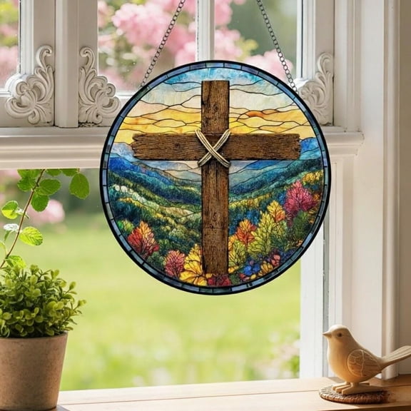 Blue Ridge Mountains Cross Glass Suncatcher v2, Religious Nature Window Art, Faith, 7.9 in