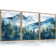 Blue Ridge Mountains Forest Framed Canvas Wall Art Set, Natural Landscape Wall Decor, Green Pine Trees Wall Painting, Woodland Artworks for Living Room, Bedroom, Dining Room - 16x24x3