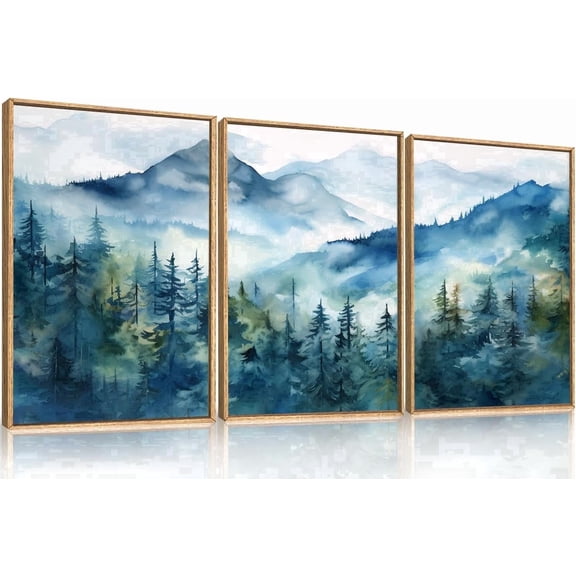 Blue Ridge Mountains Forest Framed Canvas Wall Art Set, Natural Landscape Wall Decor, Green Pine Trees Wall Painting, Woodland Artworks for Living Room, Bedroom, Dining Room - 16"x24"x3