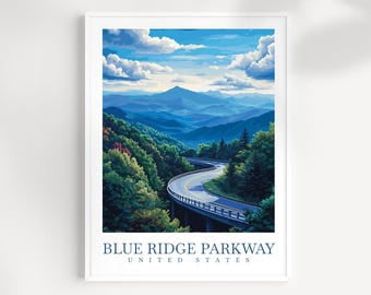Blue Ridge Poster Blue Ridge Parkway Travel Poster, Illustrated Mountain Road Landscape ...