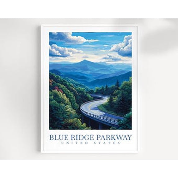Blue Ridge Poster Blue Ridge Parkway Travel Poster, Illustrated Mountain Road Landscape ...