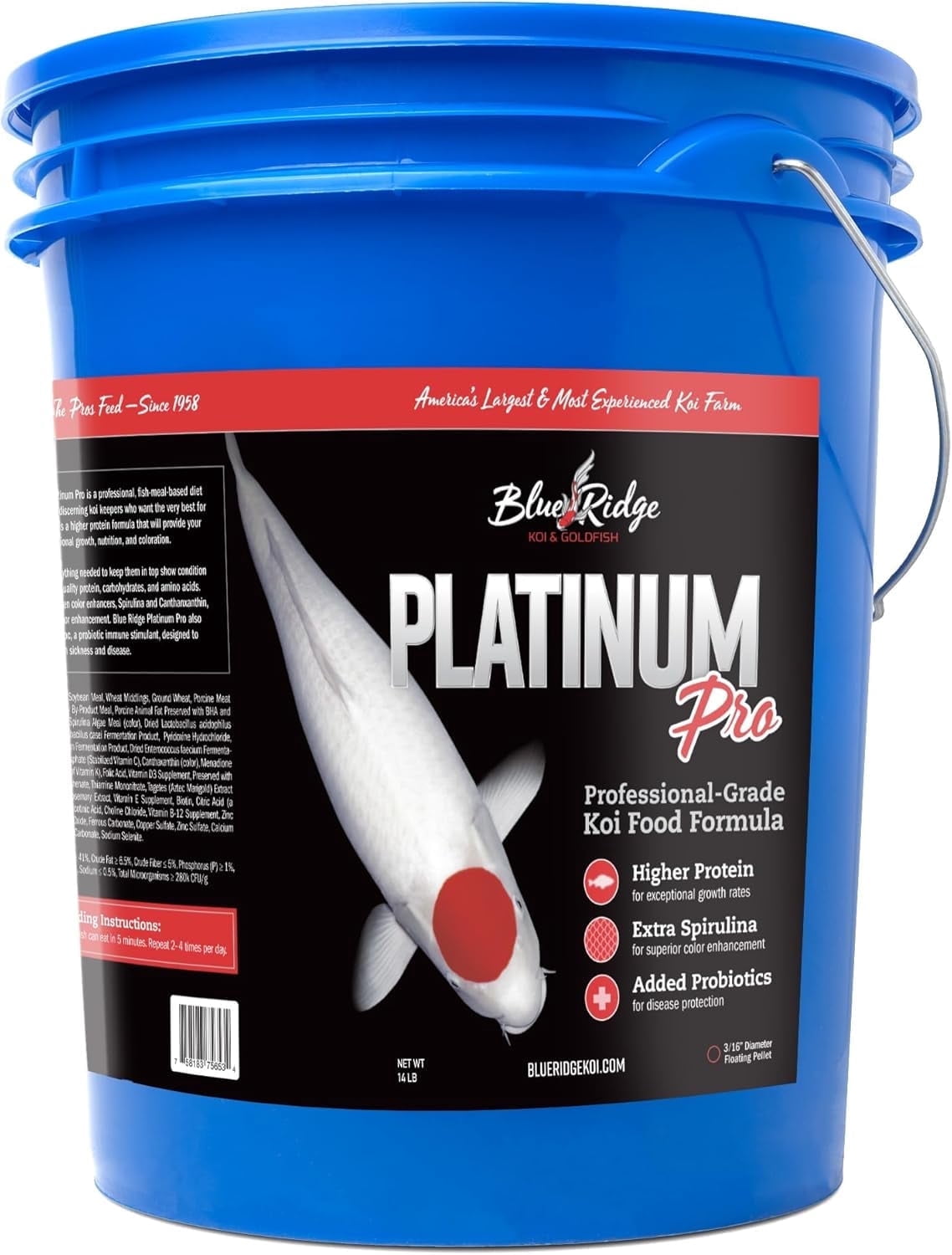 Blue Ridge Koi Fish Food 14lb - Koi Food 3/16” Platinum Pro Formula Goldfish Food, Premium Fish Food for Ponds, Floating Pond Pellets Fish Food