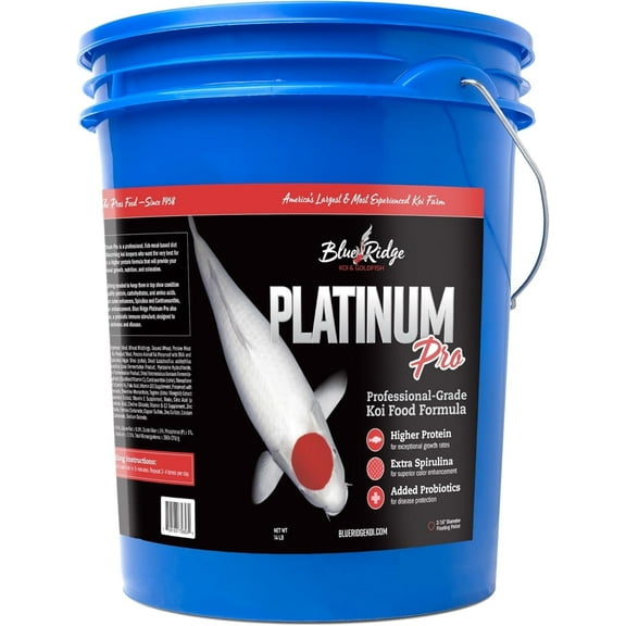 Blue Ridge Koi Fish Food 14lb - Koi Food 3/16” Platinum Pro Formula Goldfish Food, Premium Fish Food for Ponds, Floating Pond Pellets Fish Food