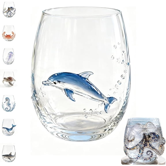Blue Ringed Octopus Drinking Glasses, Ocean Themed Glass Cups with 3D Tentacles, Stemless Wine Glasses Set for Coastal Home Bar Decor, Marine Life Glassware