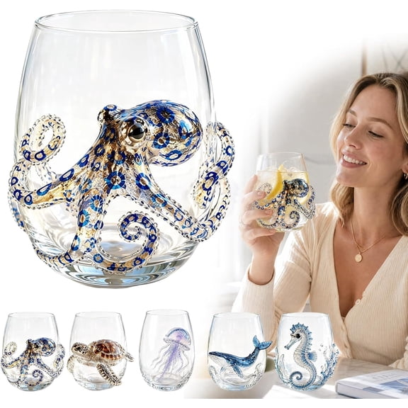 Blue Ringed Octopus Glass Tumbler, Artisanal Ocean Themed Barware, Coastal Decor Drinking Cup for Home Kitchen
