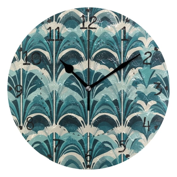 Blue Ripple Art Deco Wallpaper Pattern Round Wall Clock Silent Battery Operated Home Decor for Living Room Bedroom