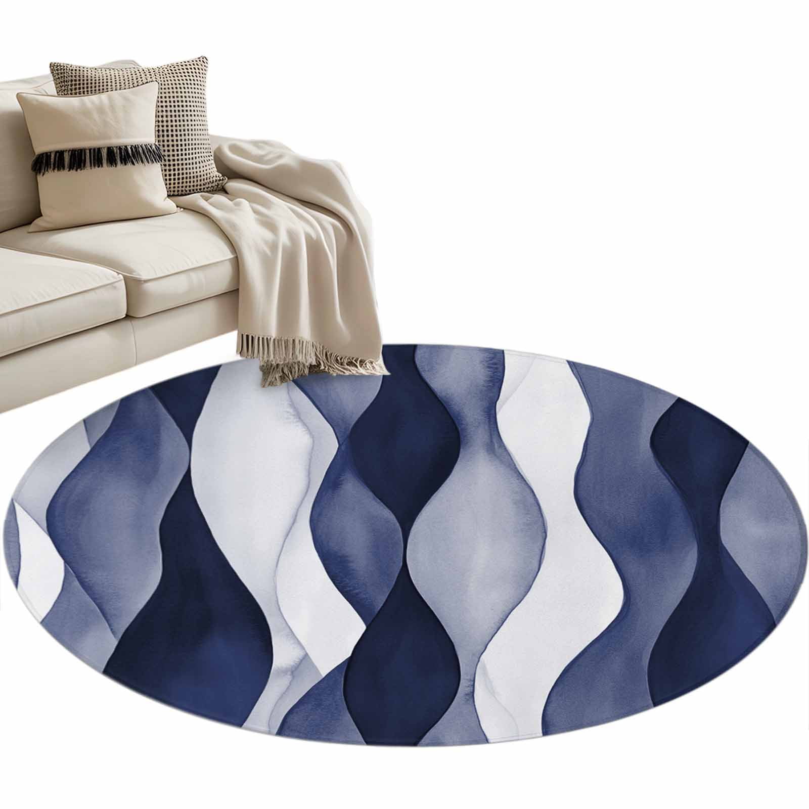 Blue Ripple Round Area Rug 3ft Abstract Gradient Non-Slip Washable ...