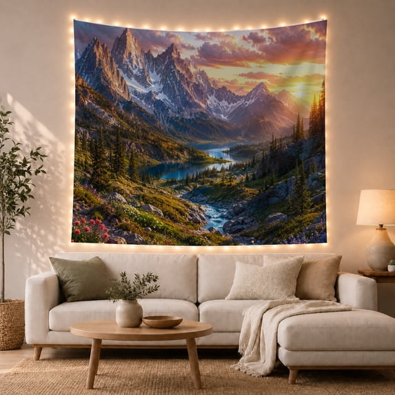 Blue River in Snowy Mountain Valley at Sunset, Serene Digital Art for Nature Lovers, Wilderness Wall Art, Housewarming Gift, Tapestry Wall Hanging for Living Room and Bedroom