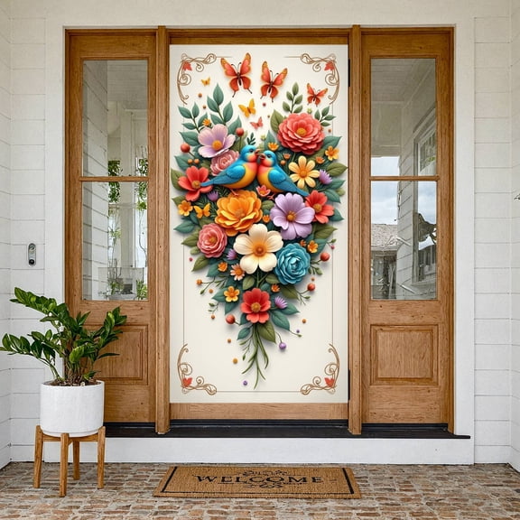 Blue Robe Hail Mary Banner Golden Halo Display Starry Background Ornate Arch Religious Backdrop for Church Decoration Prayer Room Catholic Event