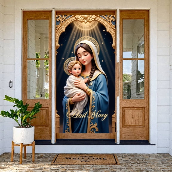 Blue Robe Hail Mary Banner Golden Halo Display Starry Background Ornate Arch Religious Backdrop for Church Decoration Prayer Room Catholic Event