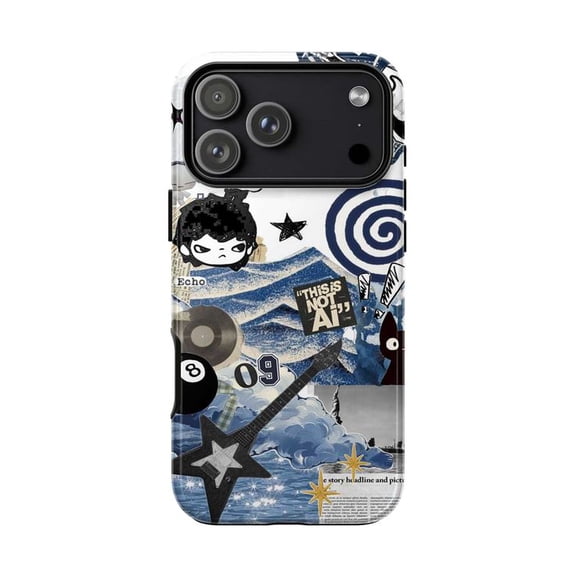 Blue Rock Music Vibe Phone Case, Star Guitar 8 Ball Swirl Collage Art, Edgy Protective Cover for iPhone 17 16 15 14 13 12 11 Pro Plus Mini