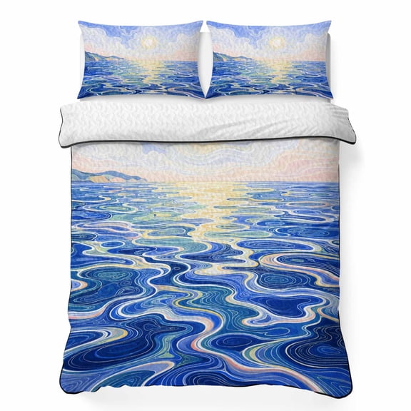 Blue Rolling Ocean Waves King Quilt Bedding Set, Coastal Gold Glowing Sun Marine Landscape Lightweight Comforter with 2 Pillow Shams Bedroom Bedspread Set Home Decor for All Seasons