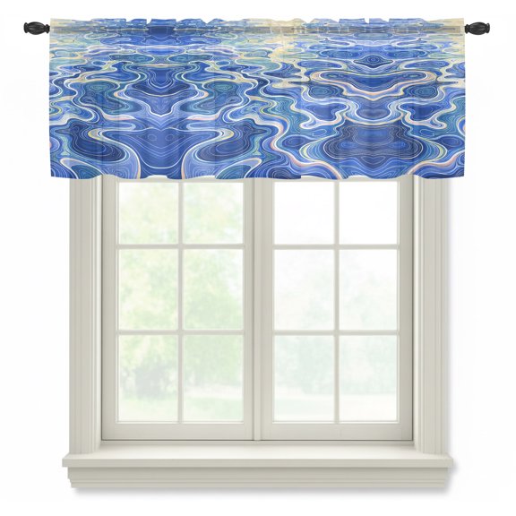 Blue Rolling Ocean Waves Sheer Valances for Windows, Coastal Gold Glowing Sun Marine Landscape Semi Sheer Kitchen Valance Rod Pocket Small Voile Window Curtains for Living Room Bedroom 42 x 12 Inch