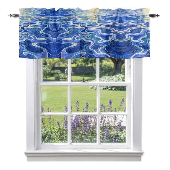 Blue Rolling Ocean Waves Valances for Windows, Coastal Gold Glowing Sun Marine Landscape Rod Pocket Short Window Valance Curtains Holiday Window Treatment for Kitchen Living Room Bathroom 42" x 18"