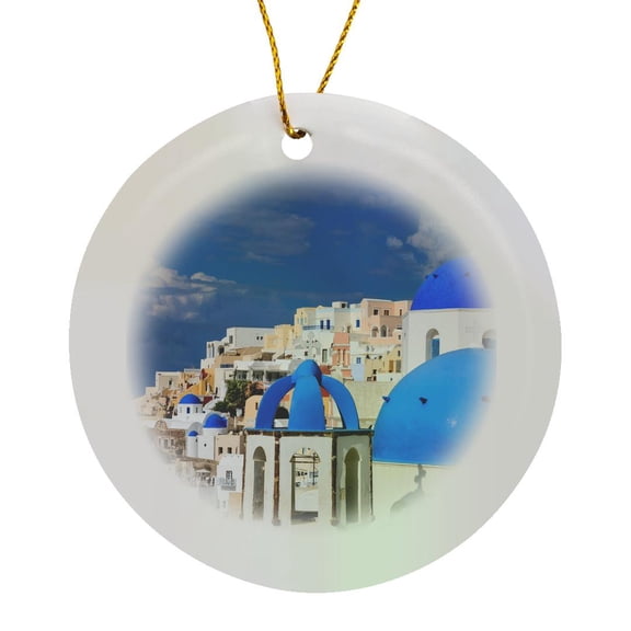 3drose, Blue Roofed Churches in the City. Santorini. Greece., Circle Porcelain Ornament