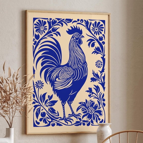 Blue Rooster Art Modern Farmhouse Kitchen Wall Decor, Unframed Canvas 24x36in
