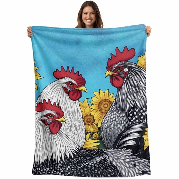 Blue Rooster Blanket Soft Cozy Warm Throw Blanket for Couch, Plush Fuzzy Flannel Fleece Blankets for Sofa, Watercolor Farmhouse Animals Sunflower Bed Blankets Lightweight Gifts for Women, 32"x48"