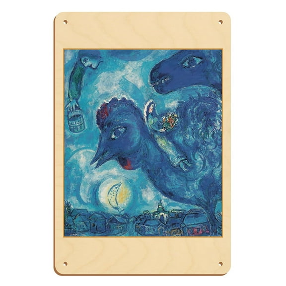 The Blue Rooster or The Dream Of The Village (Le Coq Bleu Ou Le Rêve Du Village) - From an Original Color Painting by Marc Chagall c.1958 - 8 x 12 inch Vintage Wood Art Sign