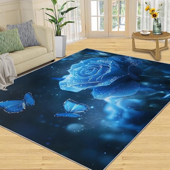 Blue Rose Area Rug, Rose Rug, Floral Rugs for Living Room Bedroom ...