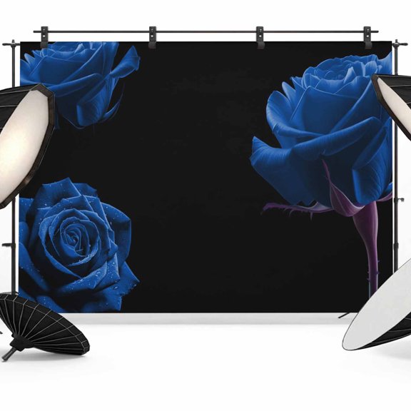 Blue Rose Backdrop for Photography,Fabric Photo Background Backdrop,Vintage Abstract Garden Flower Floral Black Photo Booth Background for Portrait Photoshoot Video Wedding Decoration Banner 10x8ft