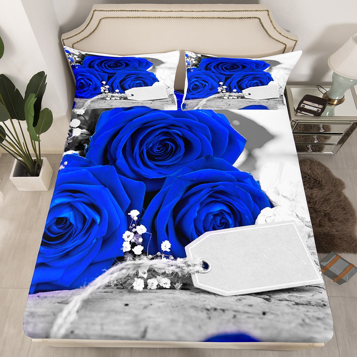 Blue Rose Bed Sheets Set Twin Size, Romantic 3D Floral Fitted Sheet for Kids Boys Girls Teens