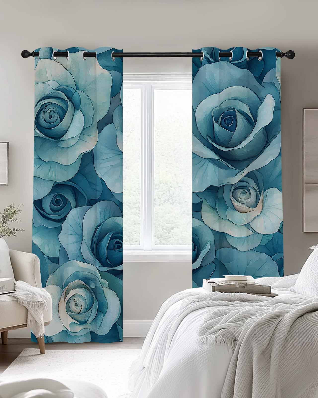 Blue Rose Blackout Curtains 2 Panels Spring Romantic Teal Floral Flower ...